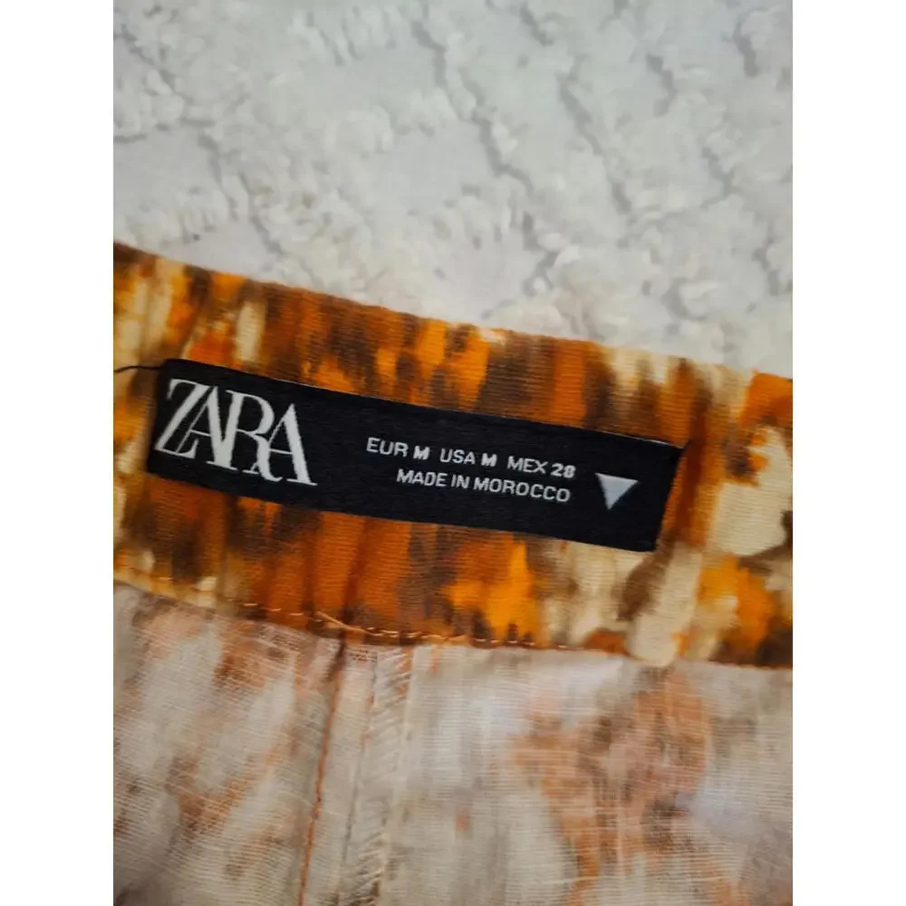 Zara Brown and Cream Floral Wide-Leg Linen Blend Pants